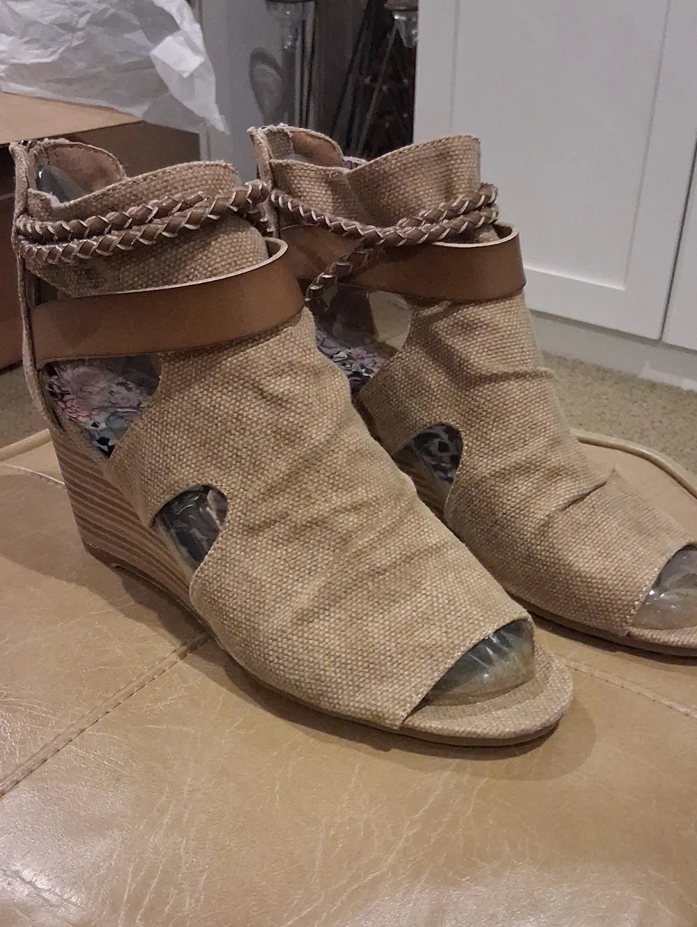 BLOWFISH Women's Tan Wedge Sandals with Braided Strap